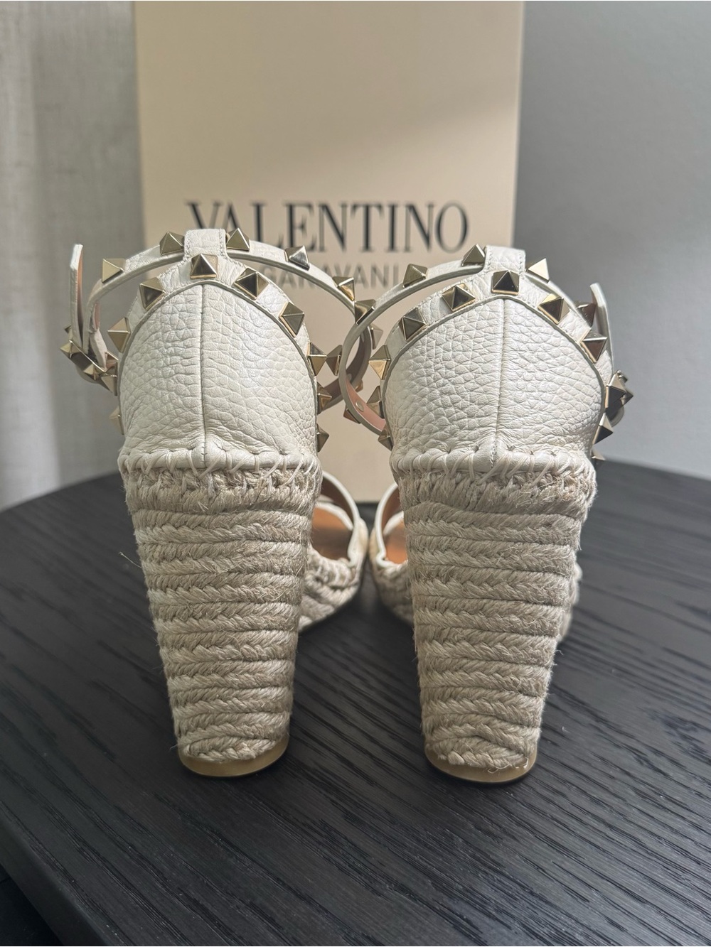 Valentino Garavani Rockstud Espadrille Wedge Sandals Ivory 37 - Picture 6 of 8